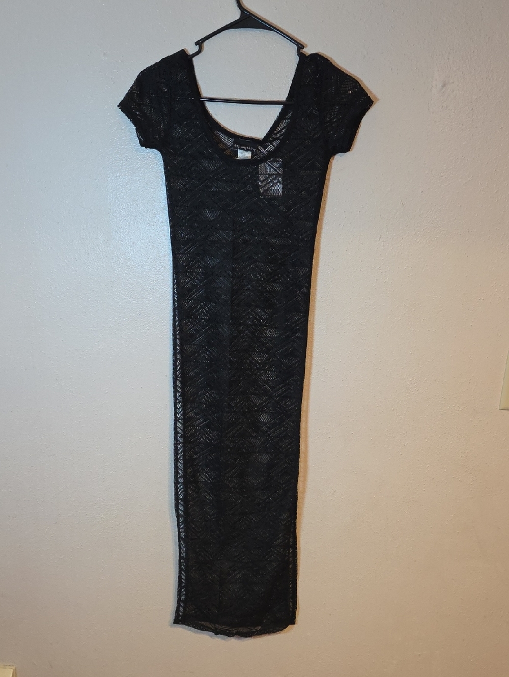 Say Anything Black Lace Maxi Sheer Split Side Dress with Short Sleeves S